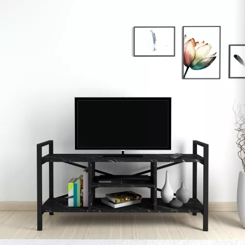 inandoutdoormatch TV Kast Adena - TV meubel - TV meubel - 61x120x35 cm - Marmer Zwart en Zwart - Spaanplaat en Metaal - Met Plank (22517)