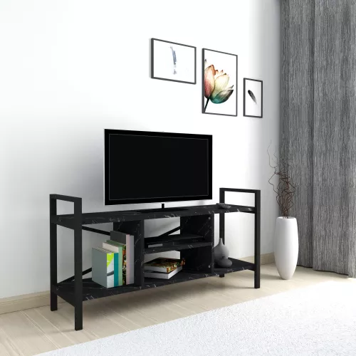inandoutdoormatch TV Kast Adena - TV meubel - TV meubel - 61x120x35 cm - Marmer Zwart en Zwart - Spaanplaat en Metaal - Met Plank (22517)