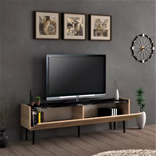 inandoutdoormatch Tv-meubel Arend - Tv-meubel - 45x154x37 cm - Kleur Marmer Zwart en Eiken - Spaanplaat - Kunststof - Decoratief Design (22768)